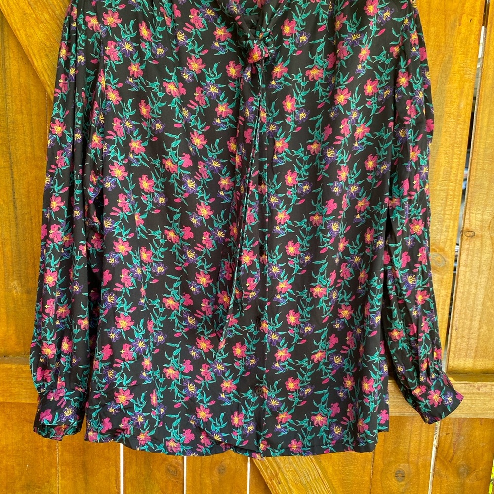 Vintage Bossbabe Floral Full Sleeve Blouse Tie Front Buttoned Down Size 10